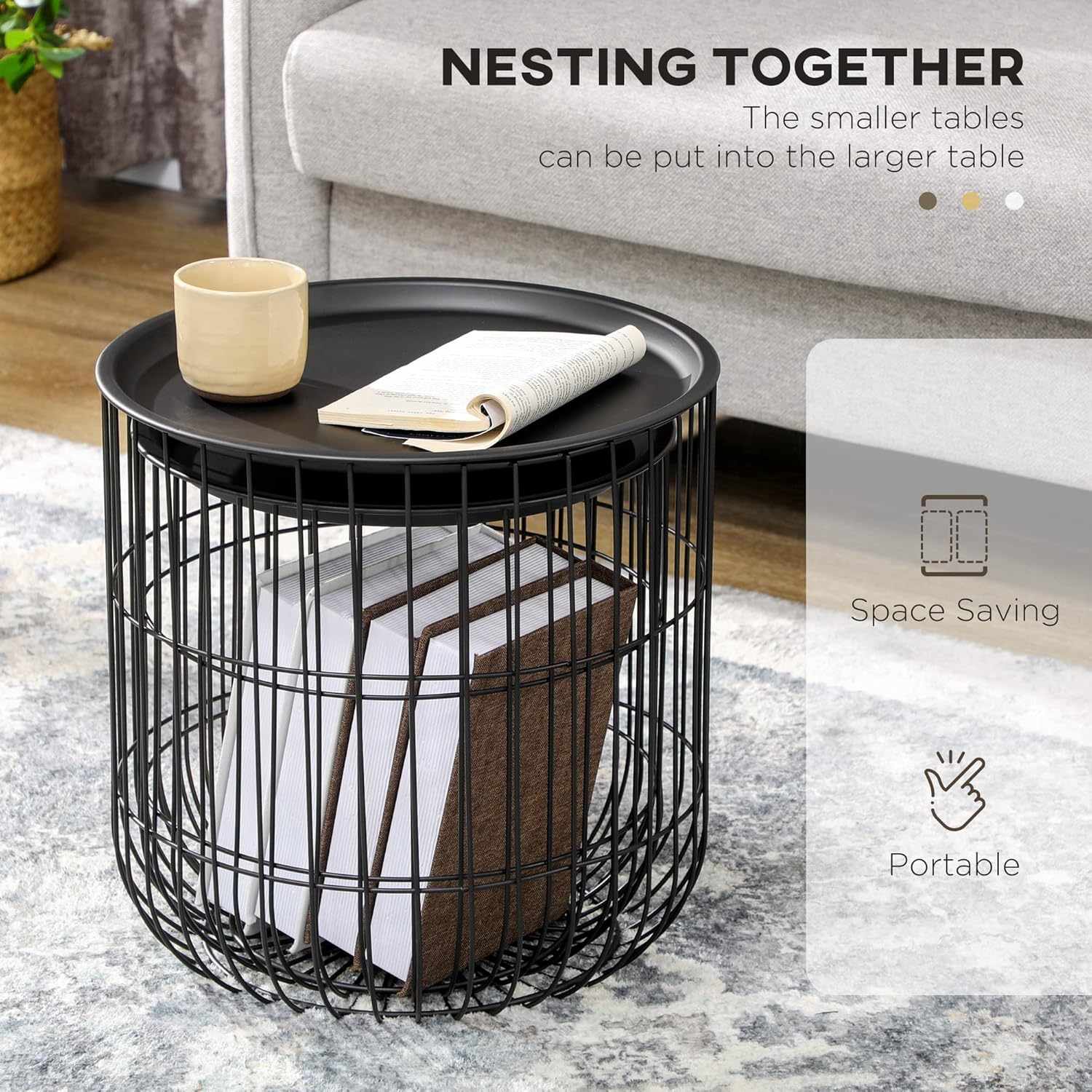 Nesting Coffee Tables Set of 2 with Storage, Black L3943