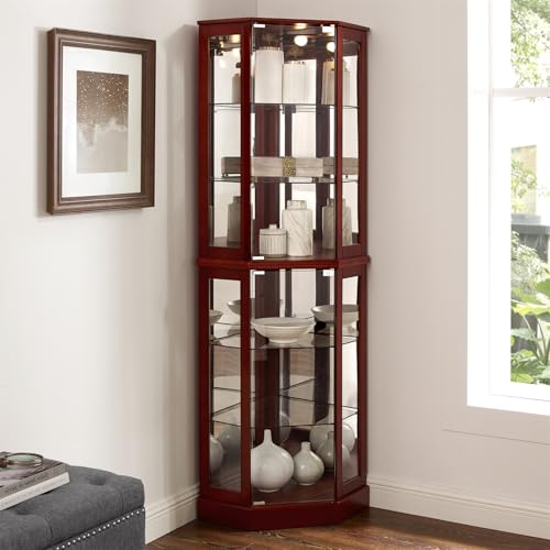 Lighted Corner Curio Cabinet with Mirrors and Adjustable Shelves, Cherry C40395