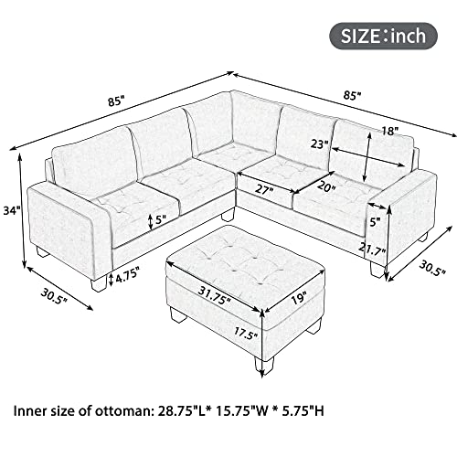 L-Shape Sectional Sofa with Storage Ottoman, Light Grey X911071