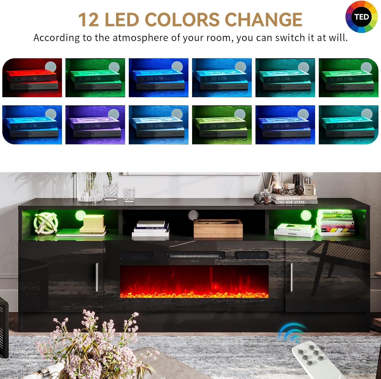 oneinmil Fireplace TV Stand with 36" Electric Fireplace, Fits TVs Up to 80", Black Q703