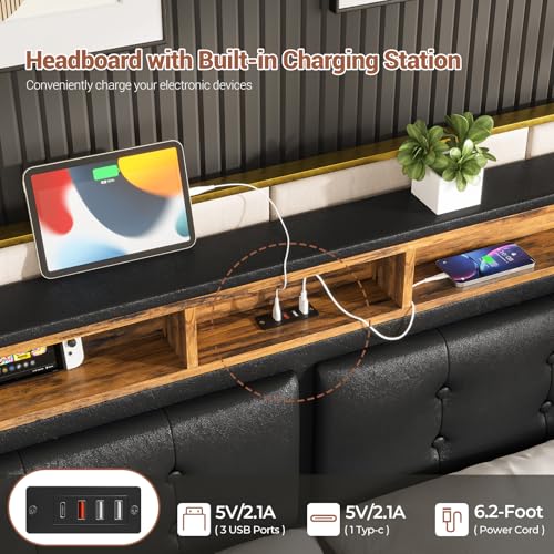 Hasuit California King Floating Bed Frame with LED Lights and Charging Station, Faux Leather Black Z6705