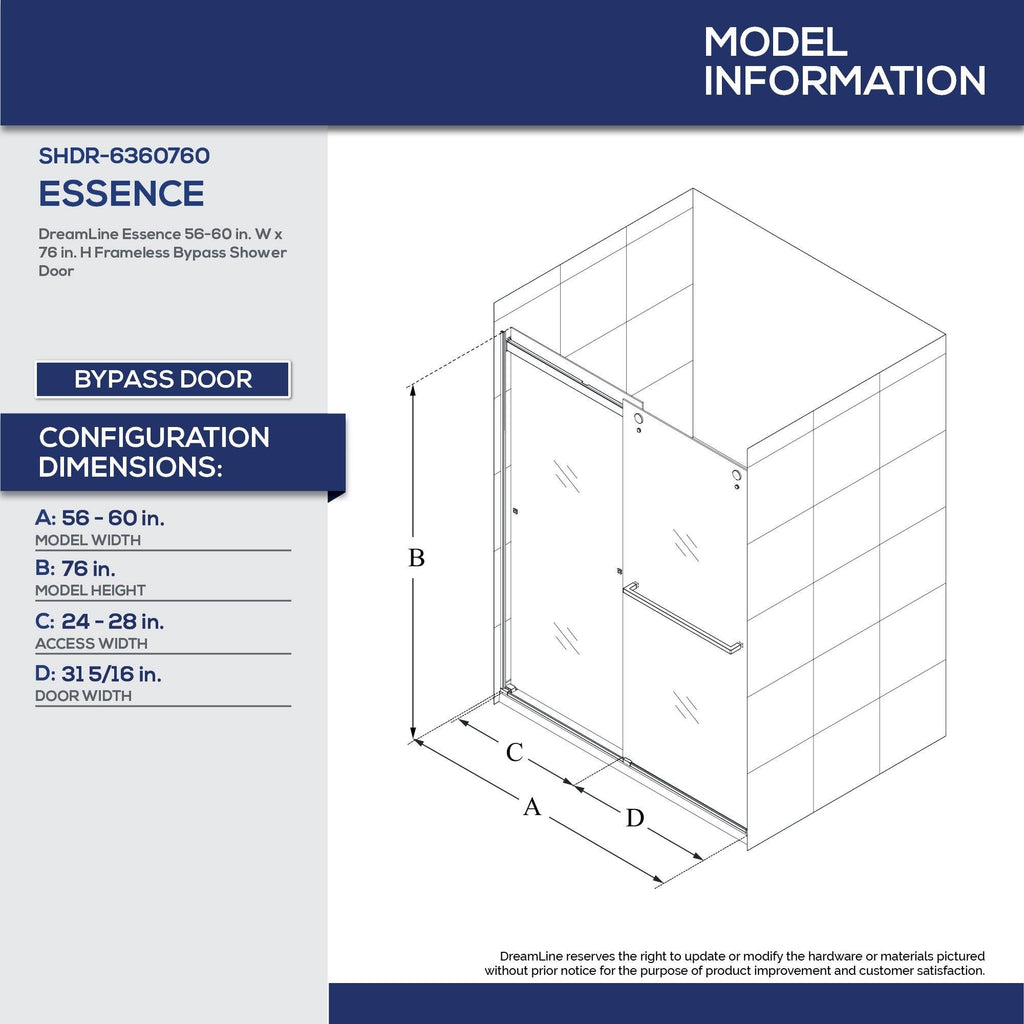 DreamLine Essence Frameless Bypass Shower Door 56-60 in. W x 76 in. H, Satin Q771