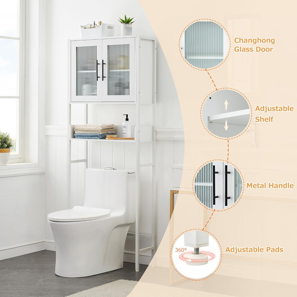 IDEALHOUSE Over The Toilet Storage Cabinet, White, with Glass Doors and Adjustable Shelves E12536