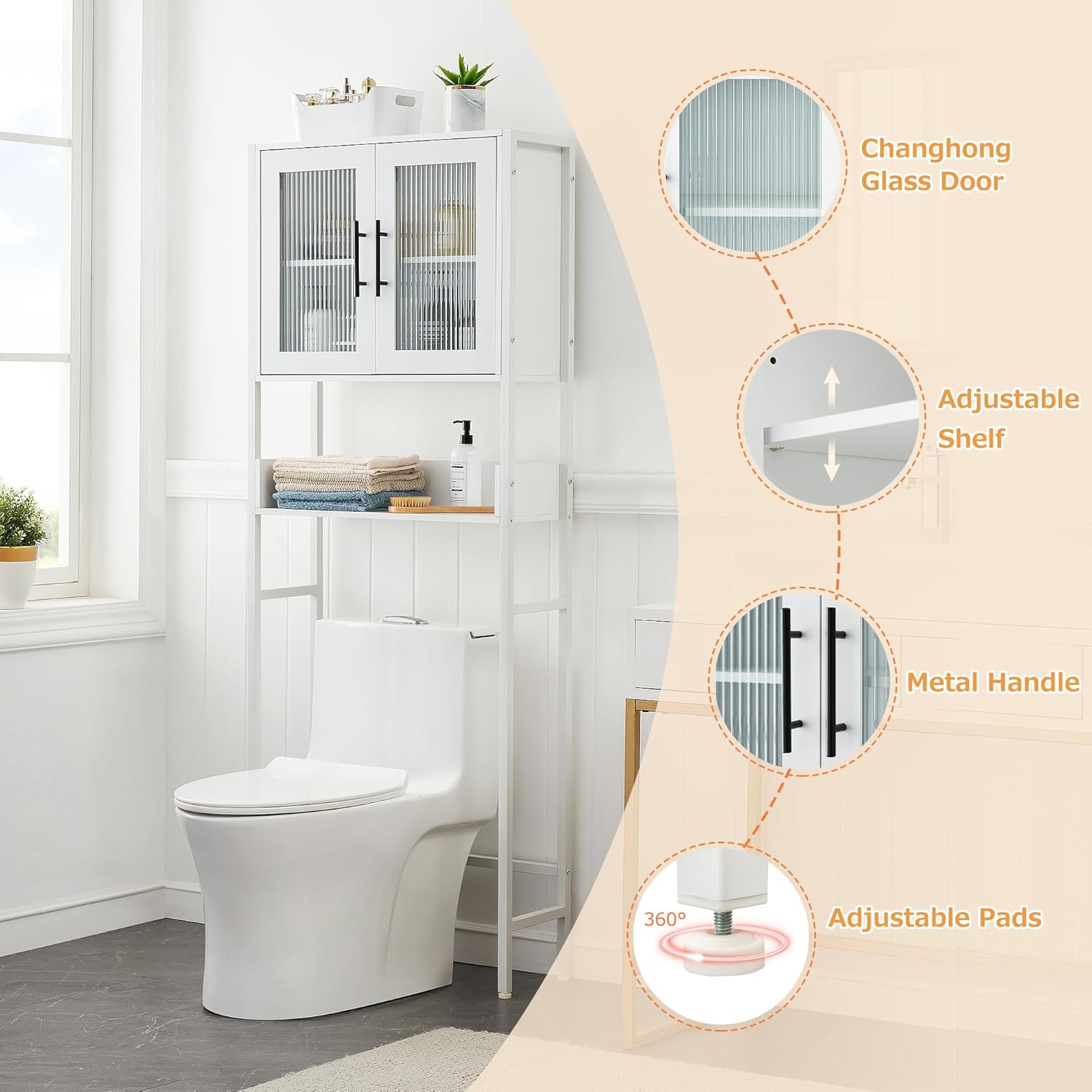 IDEALHOUSE Over The Toilet Storage Cabinet, White, with Glass Doors and Adjustable Shelves E12536