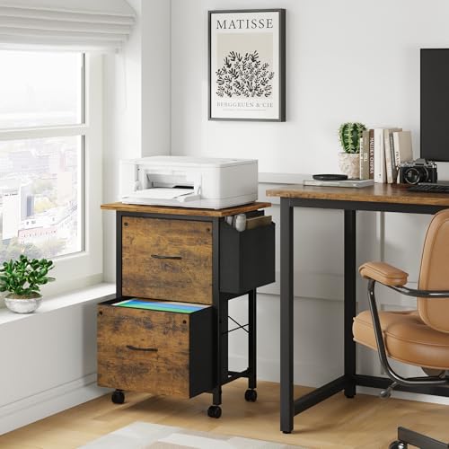 Mobile Filing Cabinet with 18" Tabletop, 2 Fabric Drawers, Rustic Brown W63589