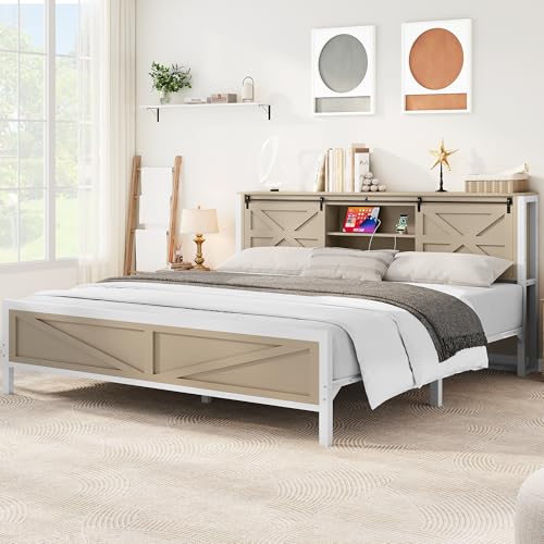 YITAHOME Farmhouse Queen Bed Frame with Headboard, Bookcase Storage, Charging Station, White X715542