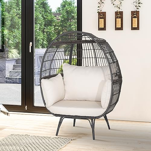 Oversized Egg Chair with Metal Stand and 4 Cushions, PE Rattan, Light Brown P508128
