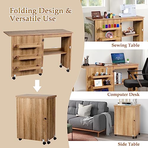 COSTWAY Folding Sewing Table with Shelves and Lockable Wheels I6331