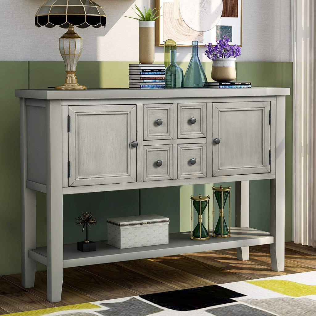 Farmhouse Vintage Console Table with 4 Drawers and Bottom Shelf, Solid Wood, Antique Gray F702450