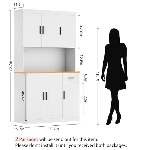 Black Kitchen Pantry Cabinet 71" Tall with Power Outlet I349