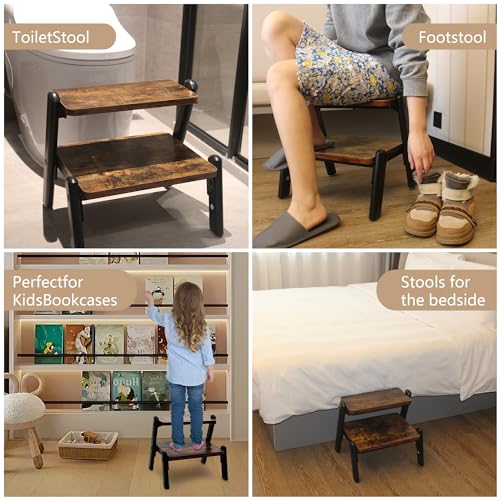 Wooden Step Stool for Adults Kids, 2 Step Heavy Duty with Metal Frame, Black W81781