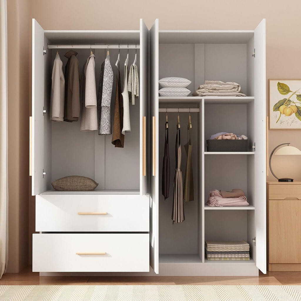 Tall Wooden Wardrobe Armoire 4-Door 2-Drawer White Y702