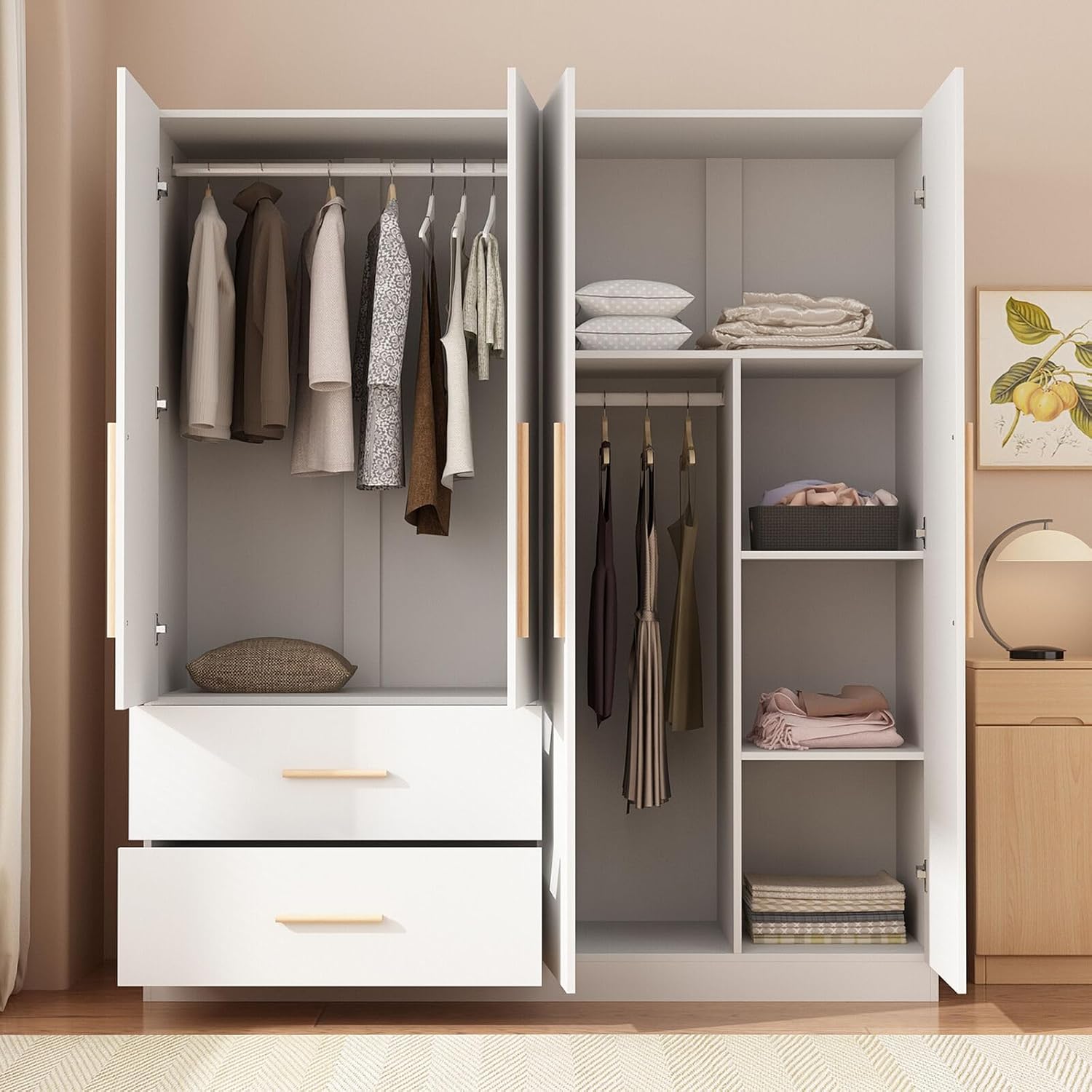 Tall Wooden Wardrobe Armoire 4-Door 2-Drawer White Y702