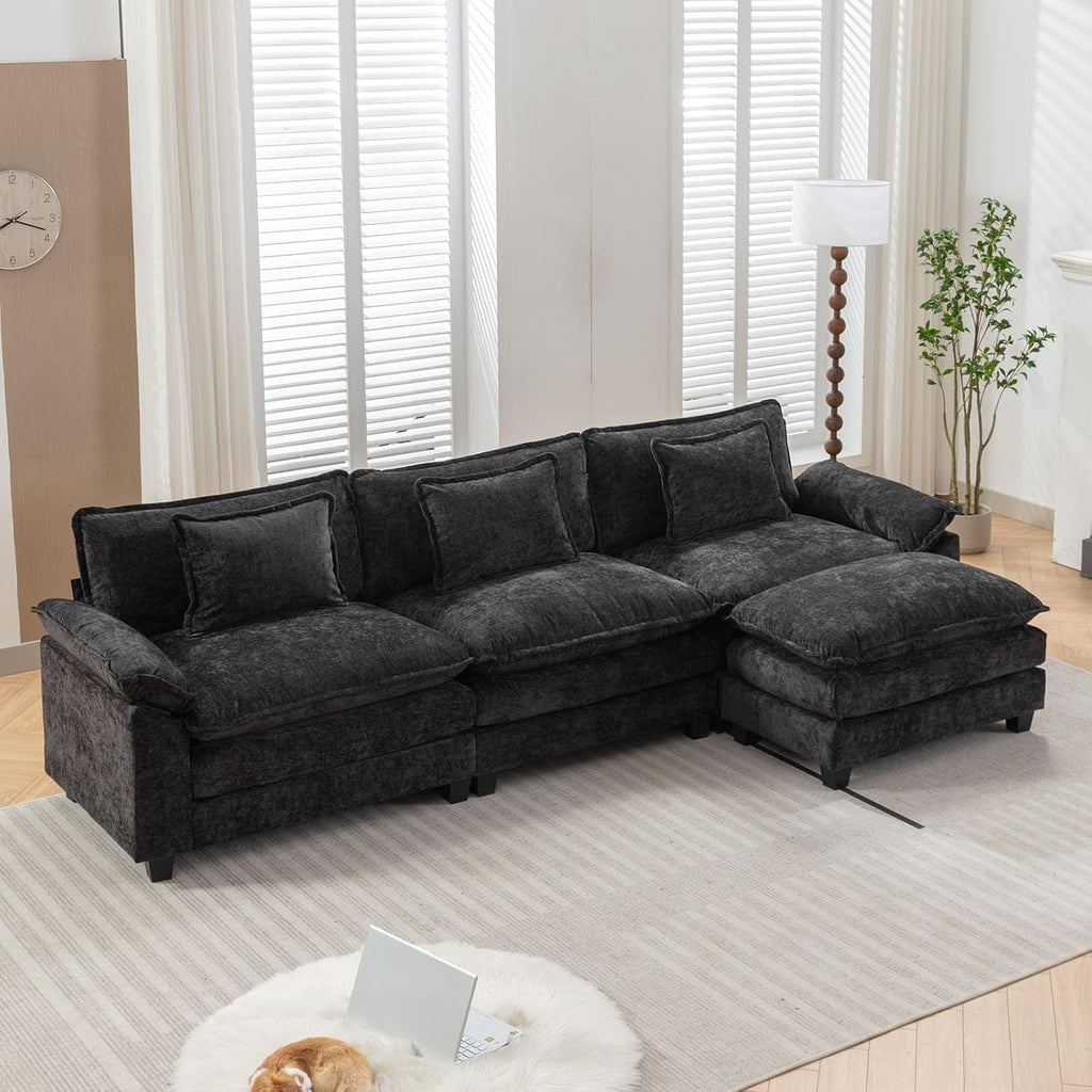 IPKIG 117" Sectional Sofa, Chenille L-Shaped Couch Comfy Upholstered 3-Seat Sofa with Ottoman, 3 Lumbar Pillow, Deep Seat Modular Oversized Couch for Living Room, Apartment, Studio (Black, 4-Seat)