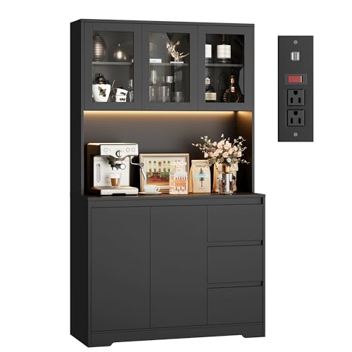 71" Kitchen Pantry Cabinet with LED Lights and Charging Station, Modern Storage and Microwave Stand Q6248