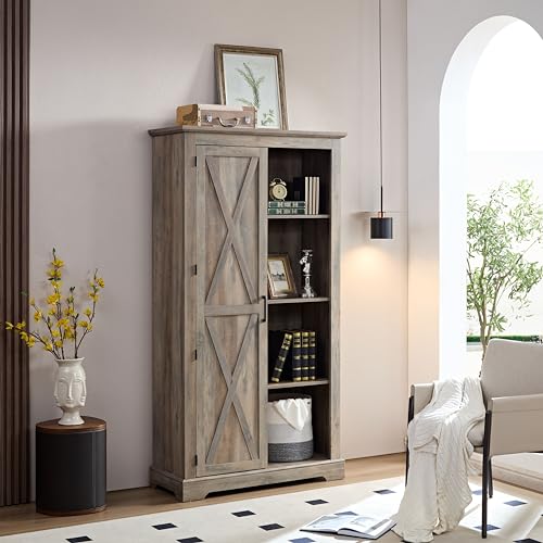 Rustic Farmhouse Tall Storage Cabinet Bookcase with Sliding Barn Door Y683325