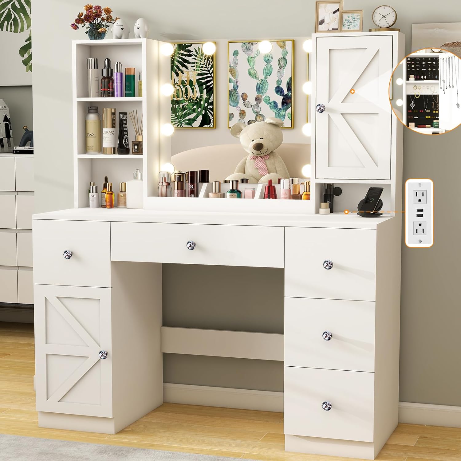 45" Makeup Vanity Desk with Lighted Mirror & Jewelry Cabinet, Big Vanity with 3 Storage Shelves, 5 Drawers, 3 Cubbies, 2 Cabinets &Charging Station for Bedroom, Large Dressing Table,White