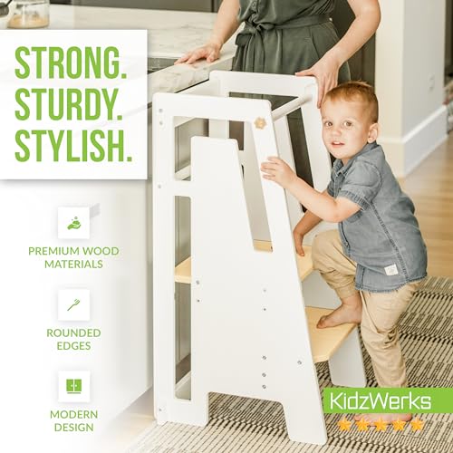 Modern Toddler Tower Montessori Kitchen Step Stool, Adjustable Standing Platform, White Q65556