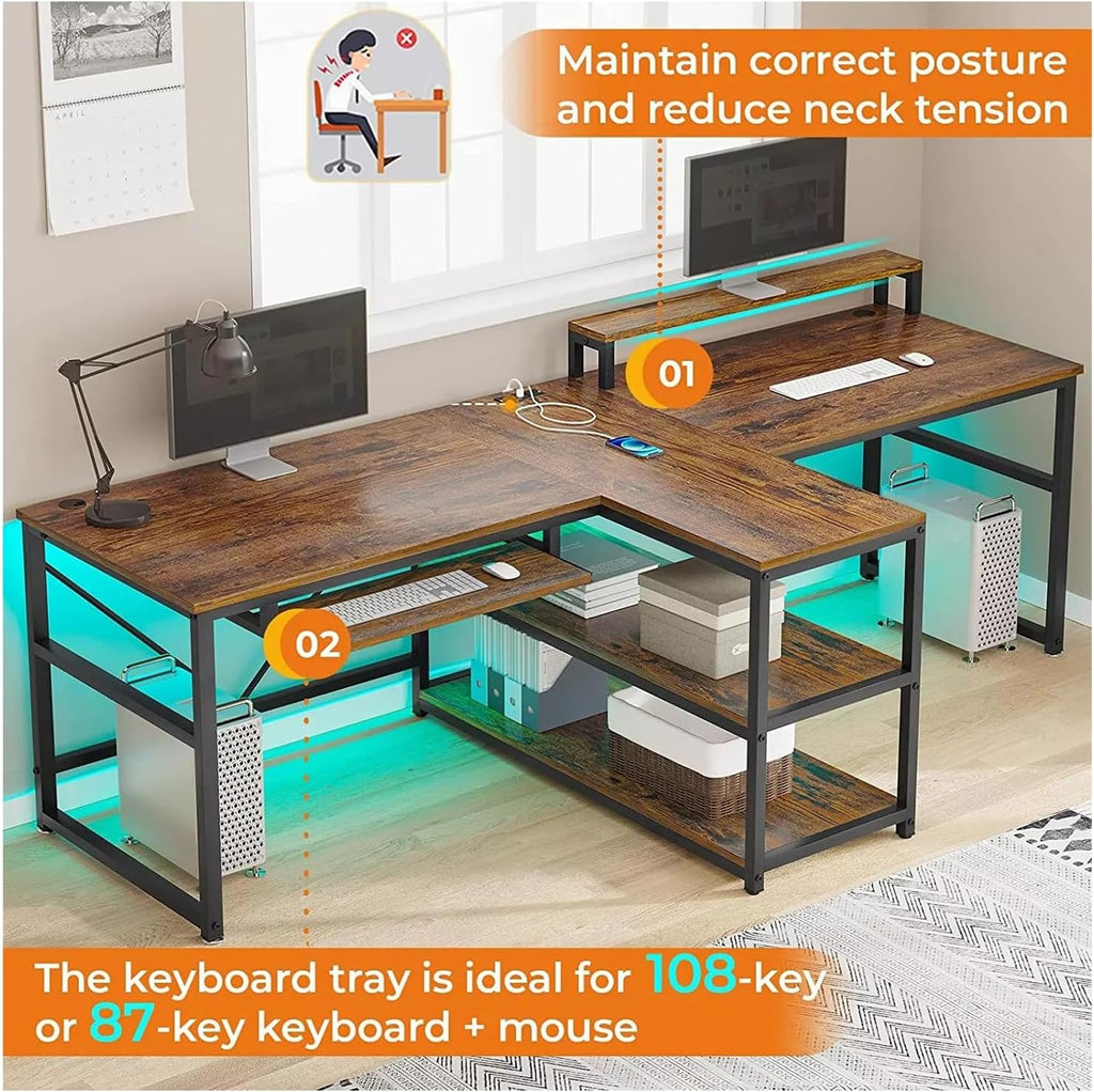 Brown 95 Inches Home Office Computer Gaming Desk for 2 Person with RGB LED Lights E66924