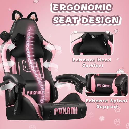 PUKAMI Pink Gaming Chair with Cat Ears and Footrest Q489025