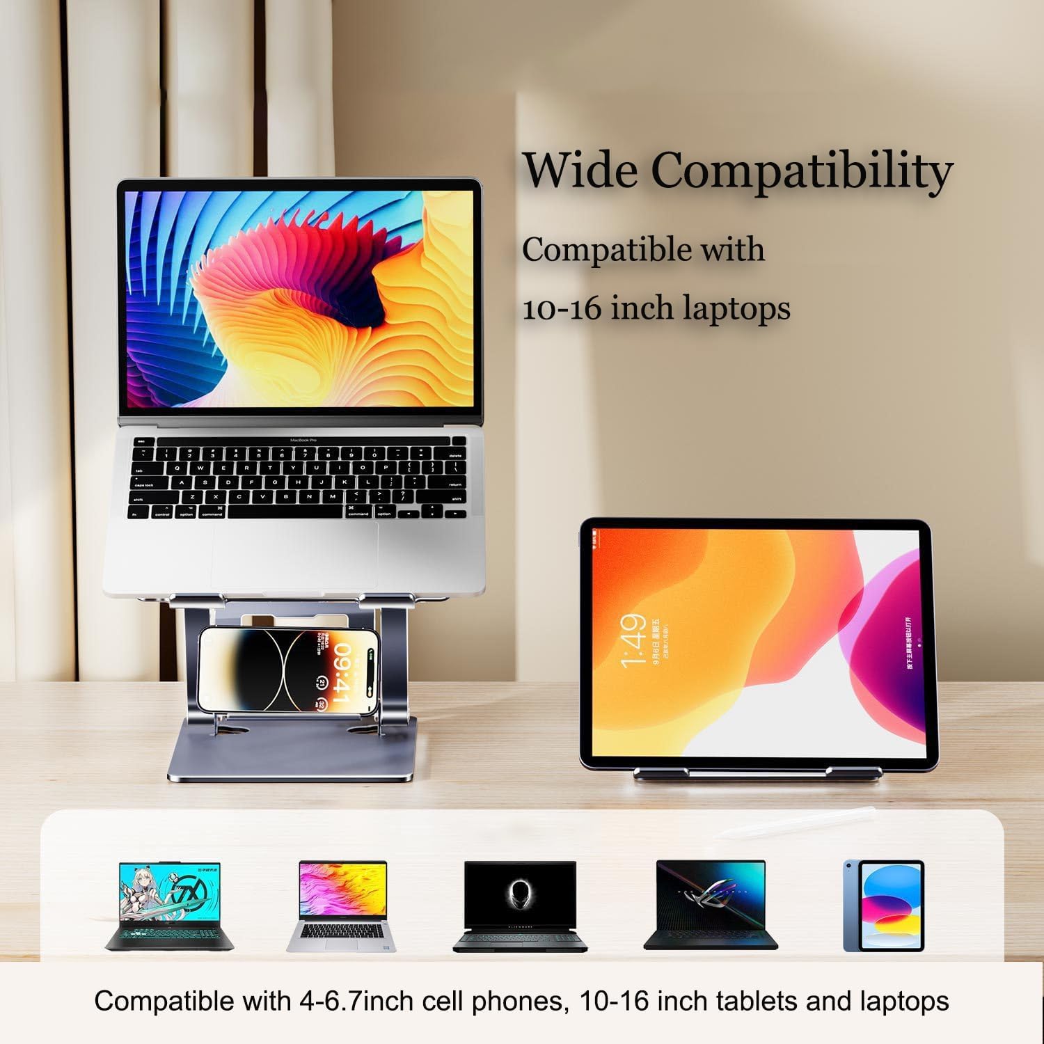 Adjustable Laptop Stand for Desk with Phone Holder, Ergonomic Foldable Riser W69807