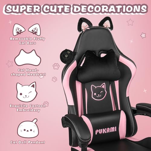 PUKAMI Pink Gaming Chair with Cat Ears and Footrest Q489025