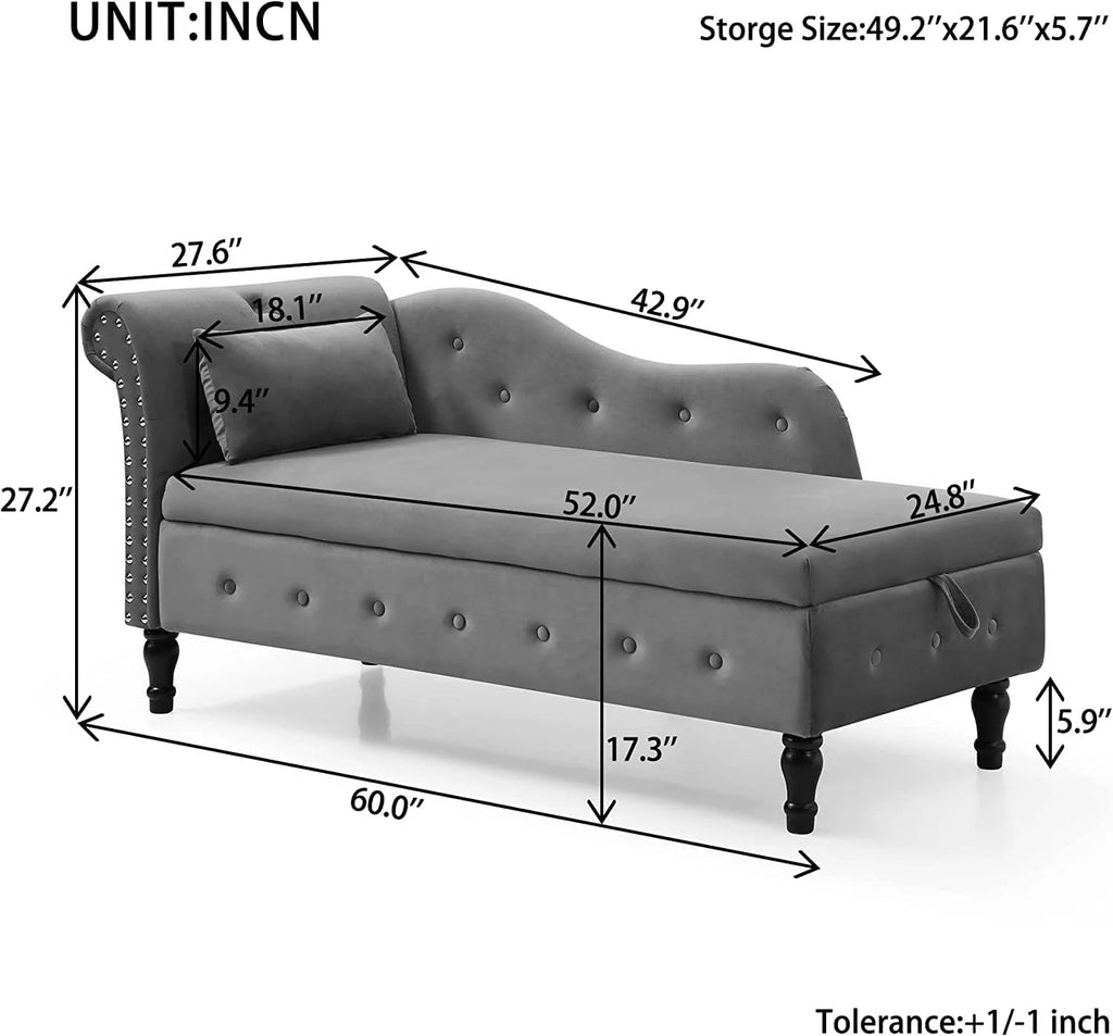 Velvet Chaise Lounge Chair with Storage and Pillow, Beige R1401