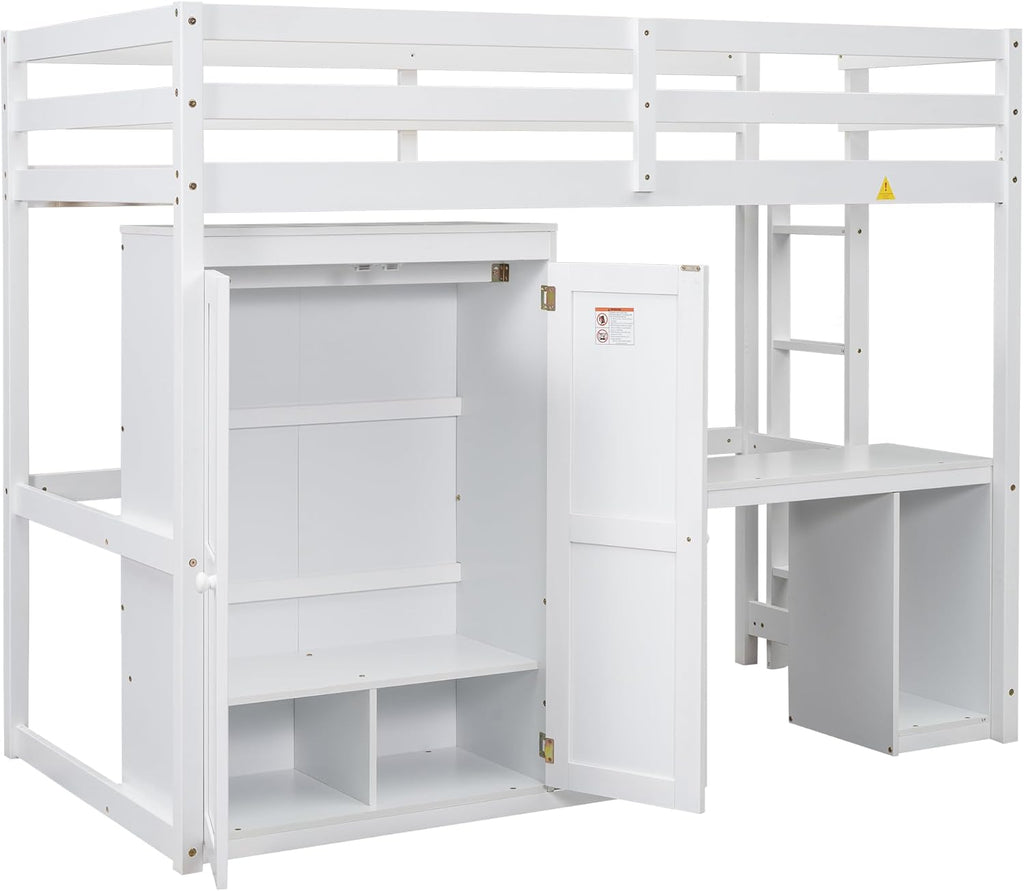 Twin Size Wood Loft Bed with Wardrobe, Desk and Storage Drawers, White H6245