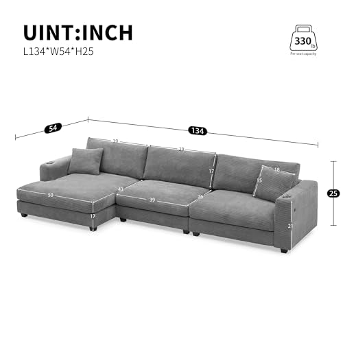 134" Oversized L Shaped Sectional Sofa with Chaise, Beige I778794