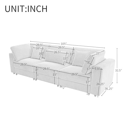 Oversized 3 Seater Corduroy Sofa Couch with 5 Pillows, Gray C5298