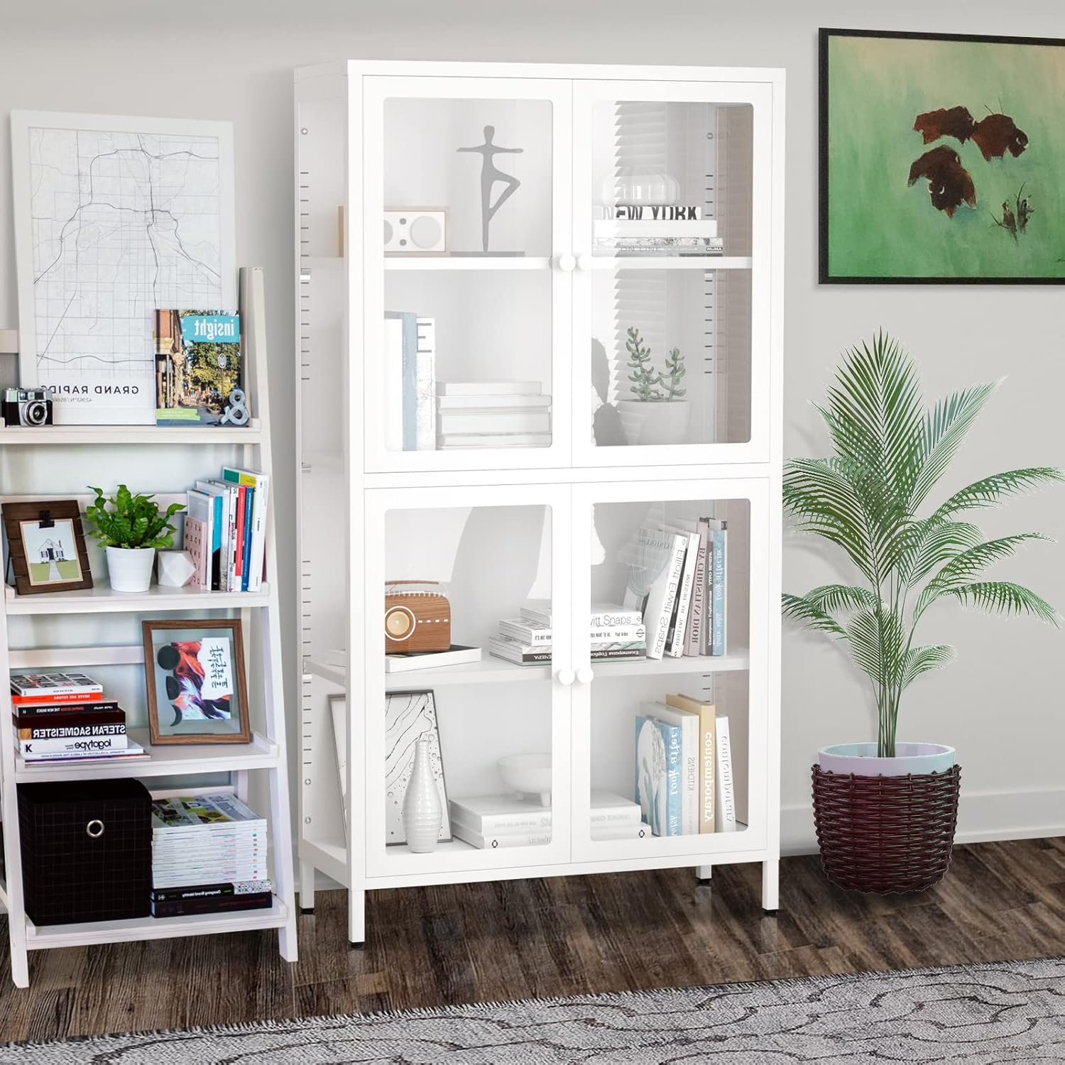 Tempered Glass Storage Cabinet,4-Door Glass Display Cupboard,Tall Corner Cabinet Sideboard Bookcase w/Adjustable Shelves,Steel Frame,Sideboard Storage Furniture for Living Room Entryway (4-Door,White)