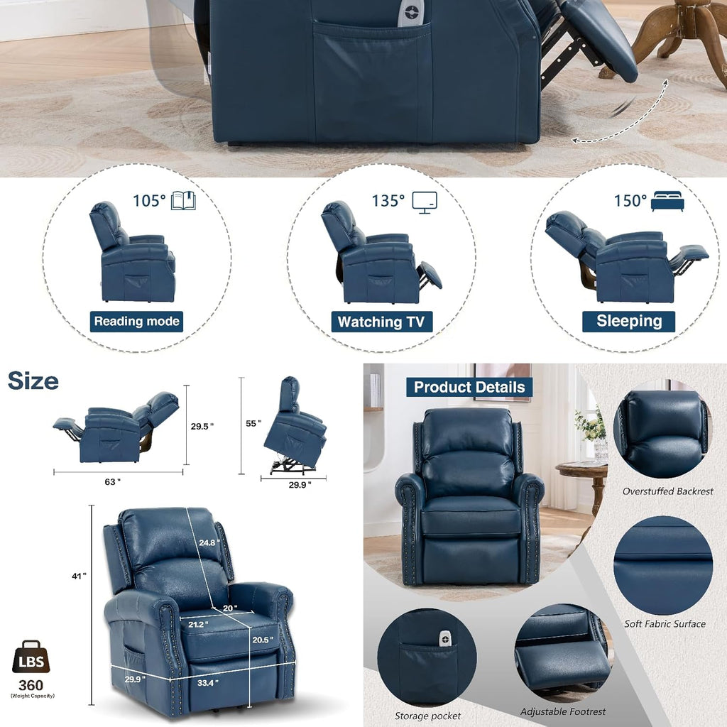 Navy Blue Electric Power Lift Recliner Chair with Faux Leather and Side Pocket J4451