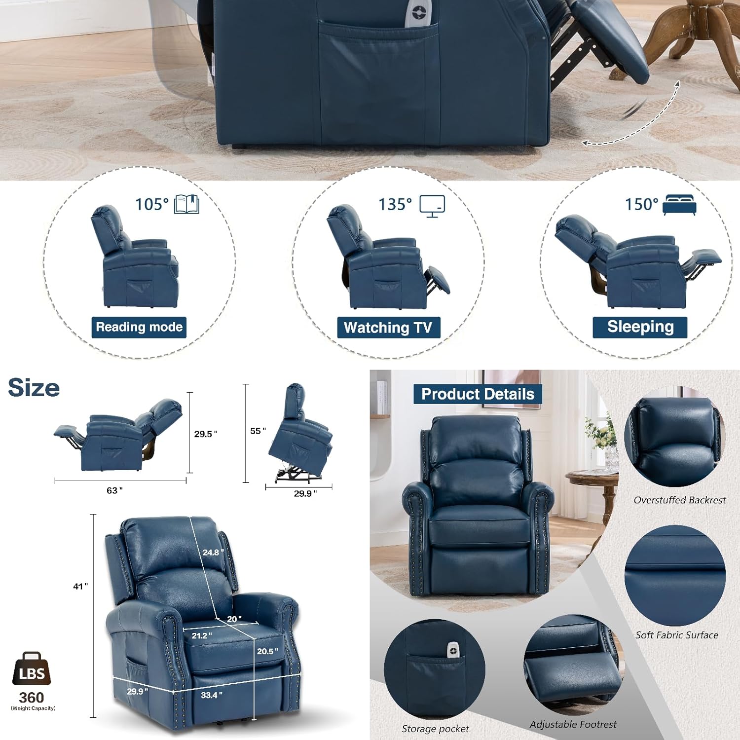 Navy Blue Electric Power Lift Recliner Chair with Faux Leather and Side Pocket J4451