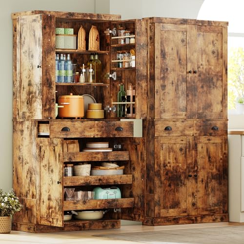 Kitchen Pantry Cabinet with Sliding Storage Rack and Hanging Shelves, 72" Tall Freestanding Cupboard M879