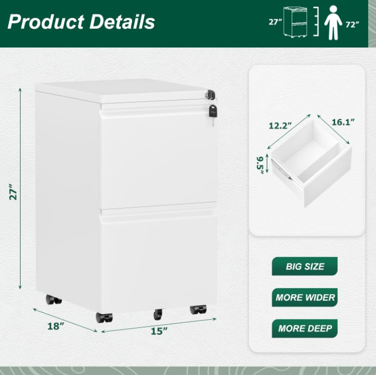 Superday 2 Drawer Metal Rolling File Cabinet with Lock, White E545765