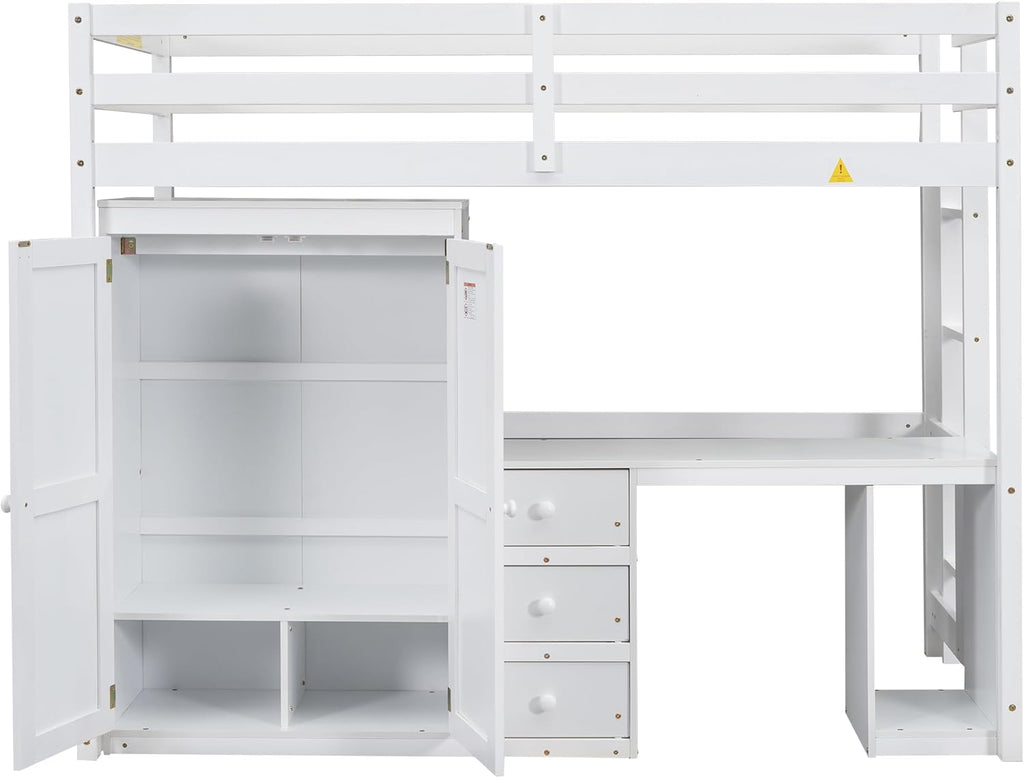 Twin Size Wood Loft Bed with Wardrobe, Desk and Storage Drawers, White H6245