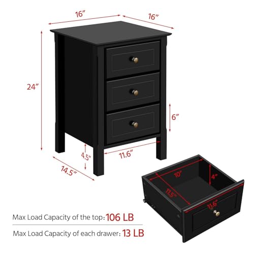 Yaheetech Bedside Table Set of 2, Nightstand with 3 Drawer and Solid Wood Legs, Black G20751