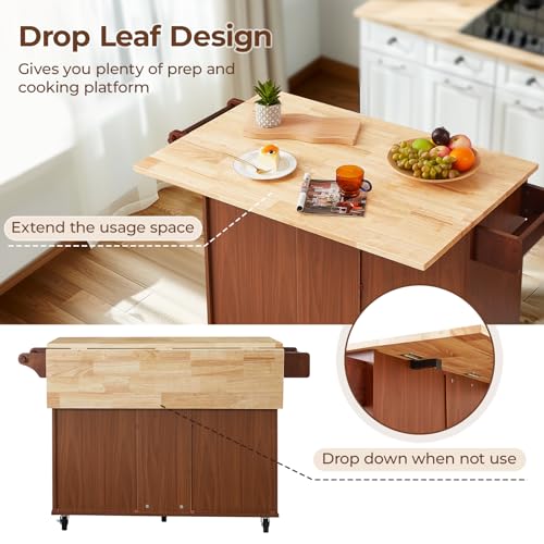 54" Kitchen Island Cart with Drop Leaf, Storage and Wood Tabletop X357