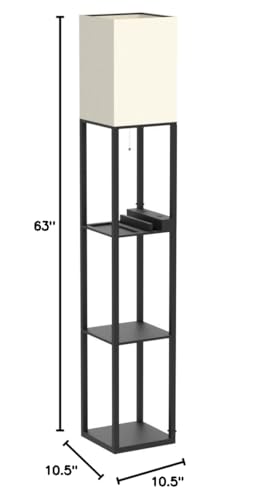 PAZZO Floor Lamp with Shelves, Solid Wood, 3 Color Temperature, Linen Shade, Bulb Included R3904