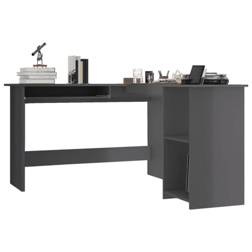 L-Shaped Corner Desk High Gloss Gray with Sliding Keyboard Tray and Shelves L661680