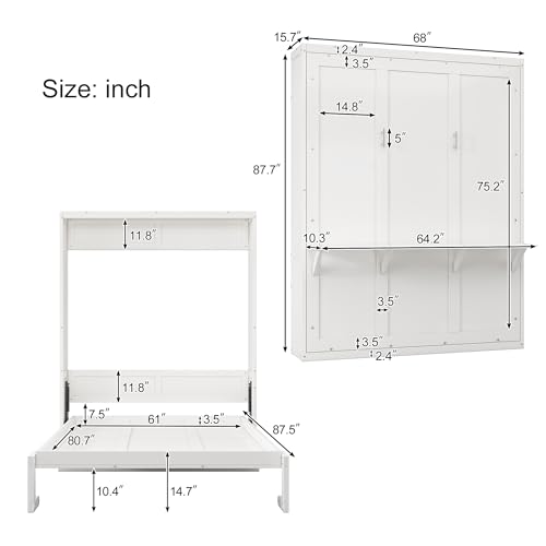 Murphy Bed Queen with 2 Side Cabinet Storage Shelves, USB Port, Foldable Platform Bed Frame, White F219