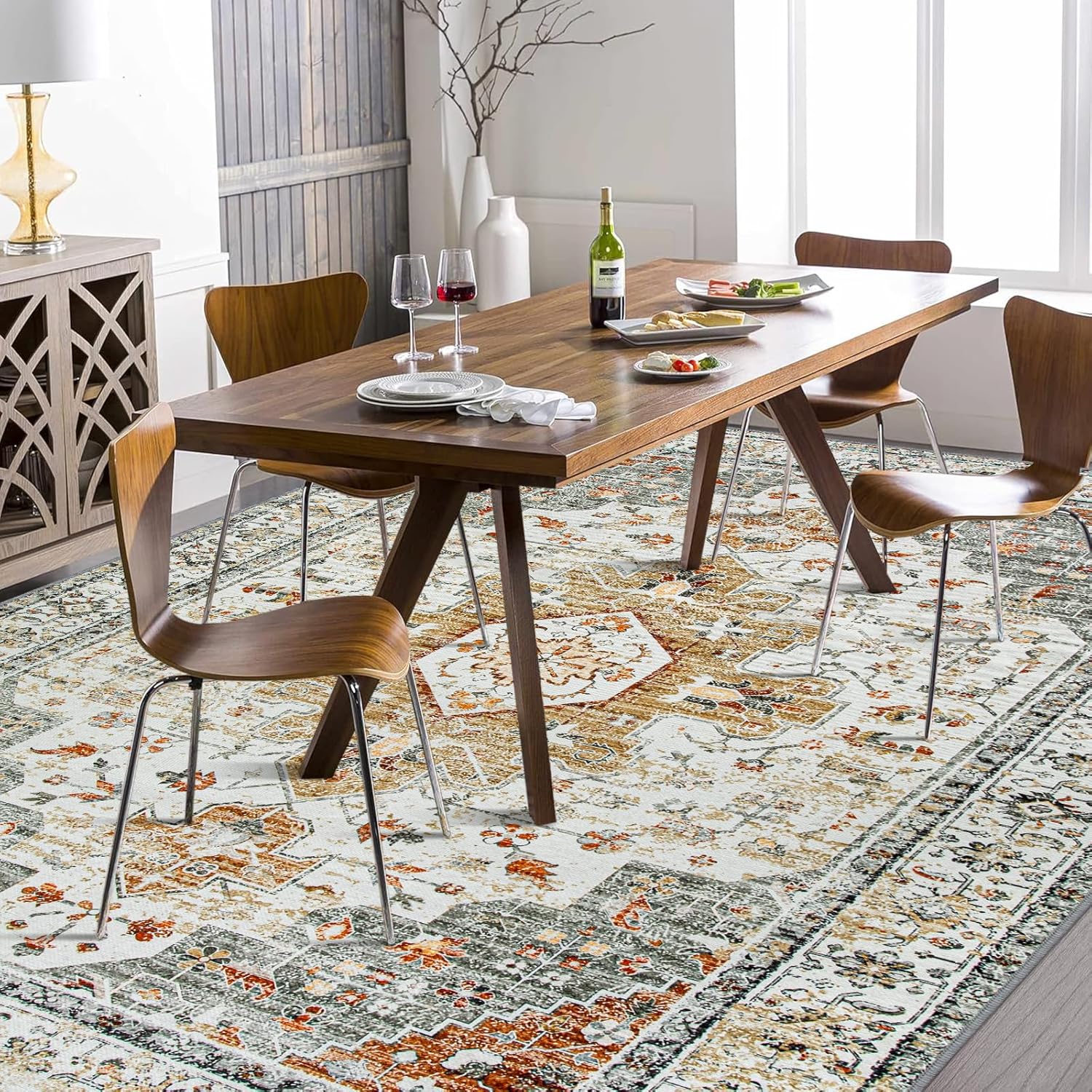 Moynesa Ultra-Thin Vintage Area Rug 6x9, Washable Low Pile Carpet K53642