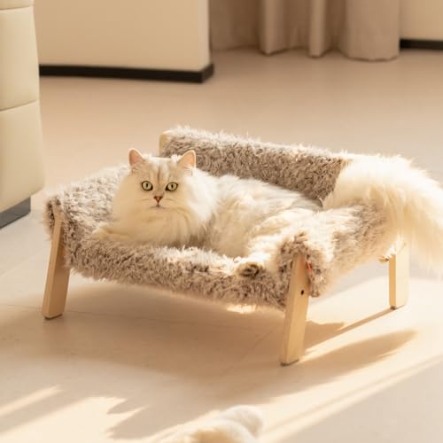 MEWOOFUN Cat Couch Bed, Wooden Pet Sofa with Removable Mattress Cover, Plush Beige F123404
