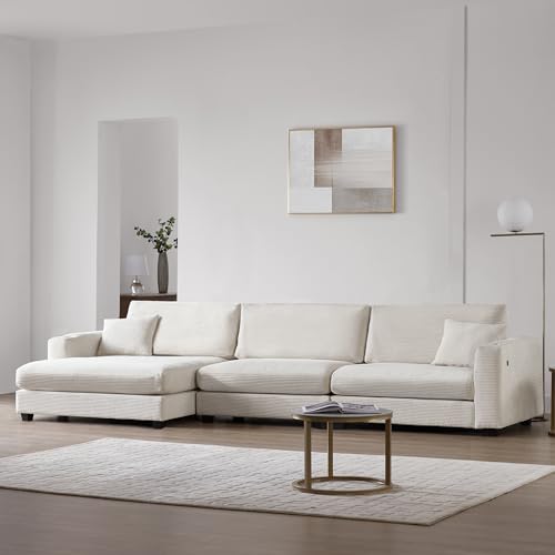 PURLOVE Oversized Corduroy Sectional Sofa with USB Port and Cup Holder Y613870