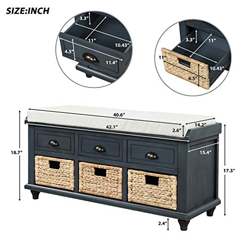 Navy Wood Shoe Storage Bench with Cushion and 2 Drawers E532