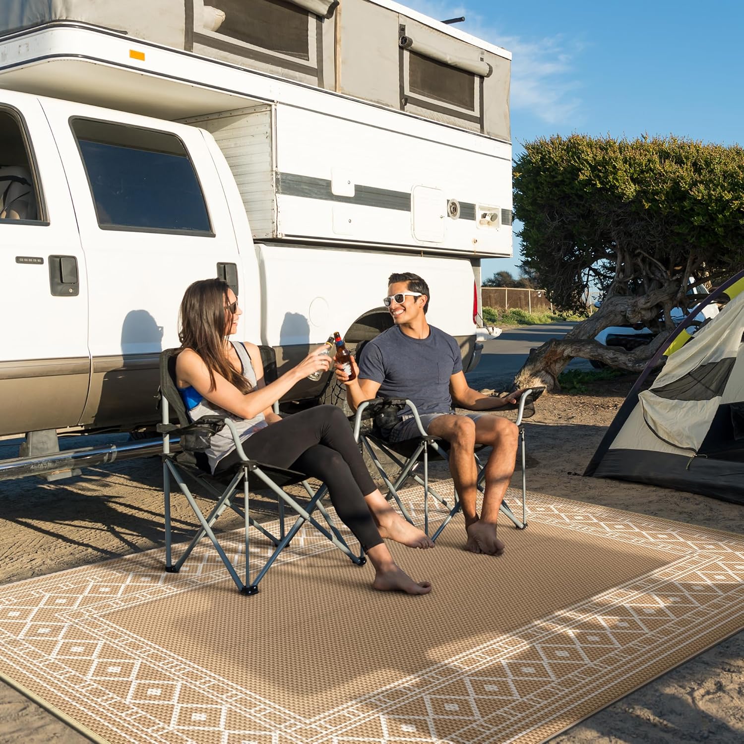 GENIMO Outdoor Rug 5' x 8' Waterproof Reversible Plastic Straw Rug for Patio, Camping, RV, Brown & Beige K43213