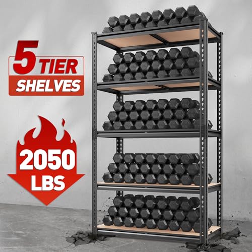 REIBII 2045LBS Storage Shelves 72" H x 35.55" W x 16" D Heavy Duty 5 Tier Adjustable Metal Shelving Unit, Black Q376