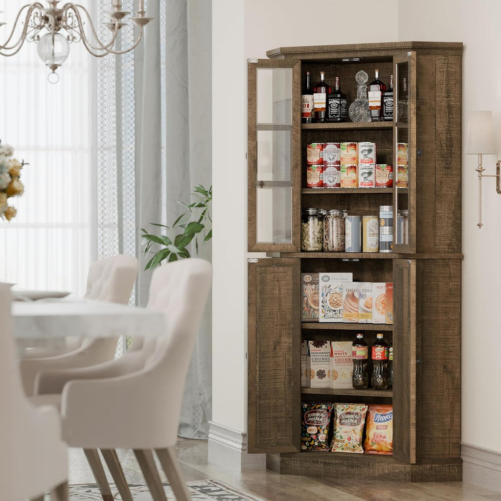 Corner Storage Cabinet 67" Kitchen Pantry with Glass Doors, Farmhouse Tall Curio Display, Rustic Brown Y1061