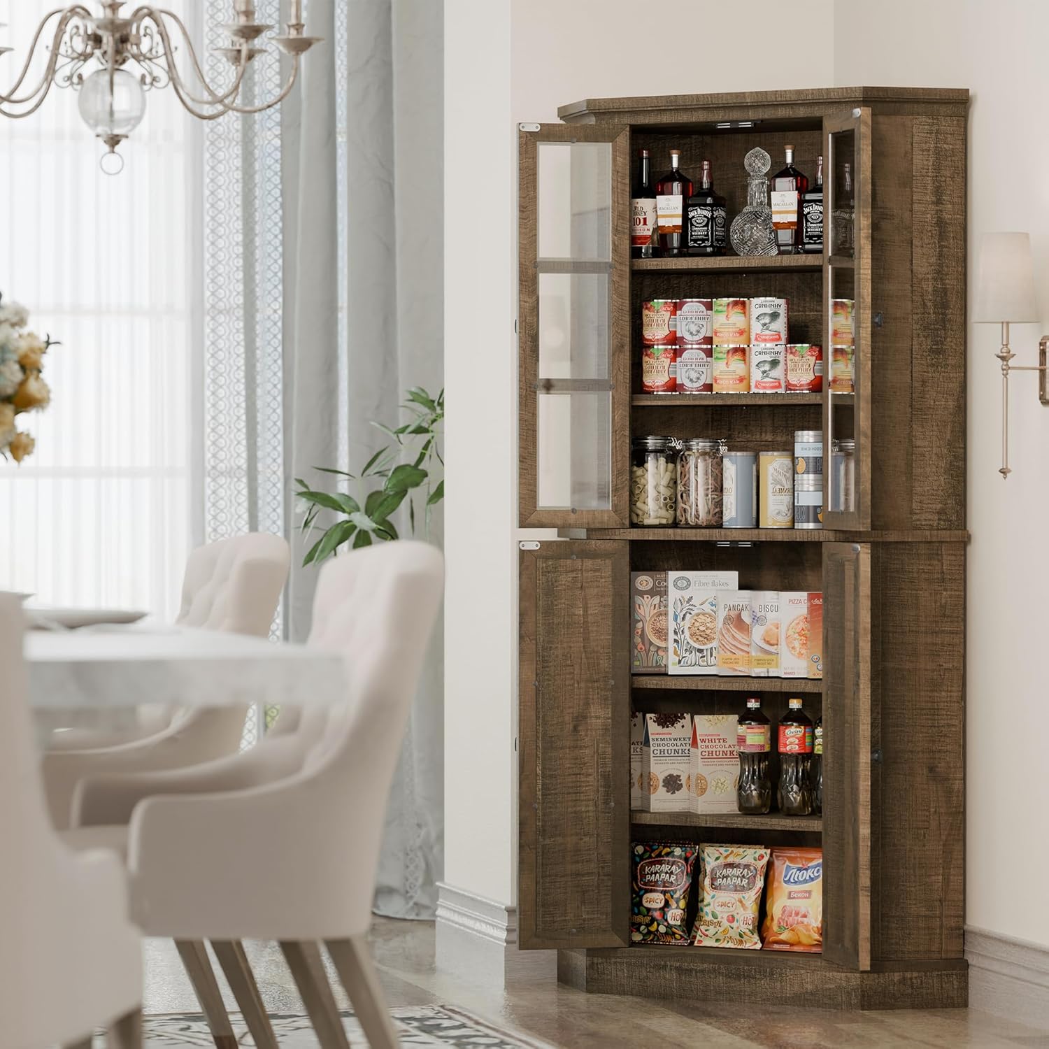 Corner Storage Cabinet 67" Kitchen Pantry with Glass Doors, Farmhouse Tall Curio Display, Rustic Brown Y1061