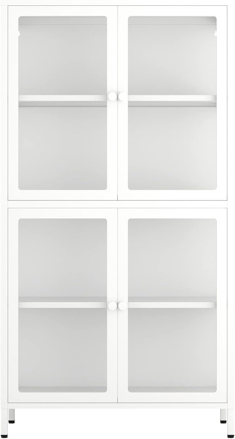 Tempered Glass Storage Cabinet 4-Door White with Adjustable Shelves U35144